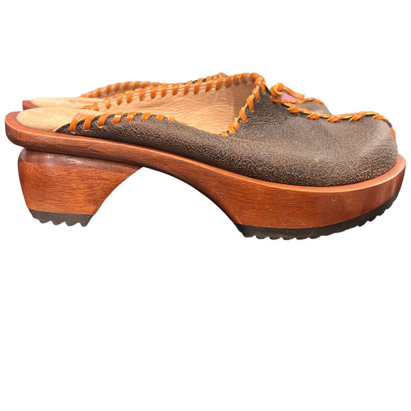 Jim Barnier Wooden Heel Clog Black Oil Women's Size 10 Platform Sandals Leather - Picture 3 of 8